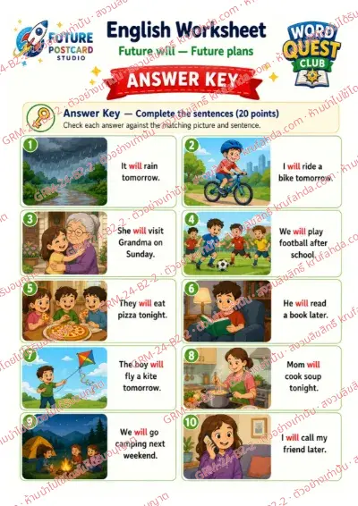 เฉลยใบงานภาษาอังกฤษ Future will ป.4-6 คำสั่งภาษาอังกฤษ - ดูภาพแล้วเติม will ลงในประโยคให้ถูกต้อง พร้อมเฉลย