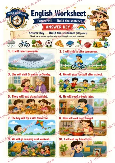 เฉลยใบงานภาษาอังกฤษ Future will ป.4-6 คำสั่งภาษาอังกฤษ - เรียงบัตรคำเป็นประโยคบอกอนาคตด้วย will พร้อมเฉลย