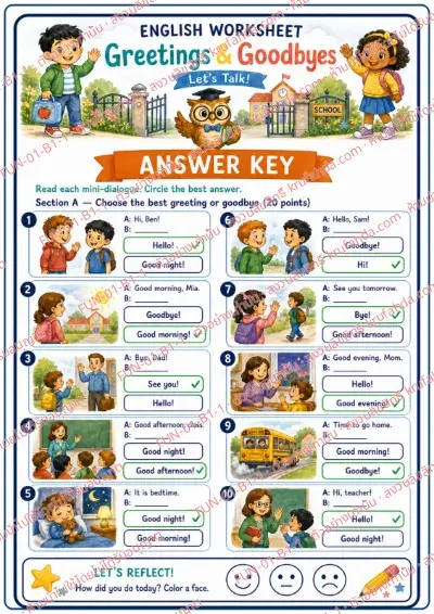 เฉลยใบงานภาษาอังกฤษ Greetings & Goodbyes ป.1-3 คำสั่งภาษาอังกฤษ - อ่านบทสนทนาสั้นแล้ววงกลมคำทักทายหรือคำลาที่ถูกต้อง พร้อมเฉลย