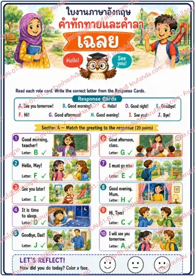 เฉลยใบงานภาษาอังกฤษ Greetings & Goodbyes ป.1-3 คำสั่งภาษาไทย - อ่านการ์ดบทบาทแล้วจับคู่คำทักทายกับคำตอบด้วยตัวอักษร A-J พร้อมเฉลย