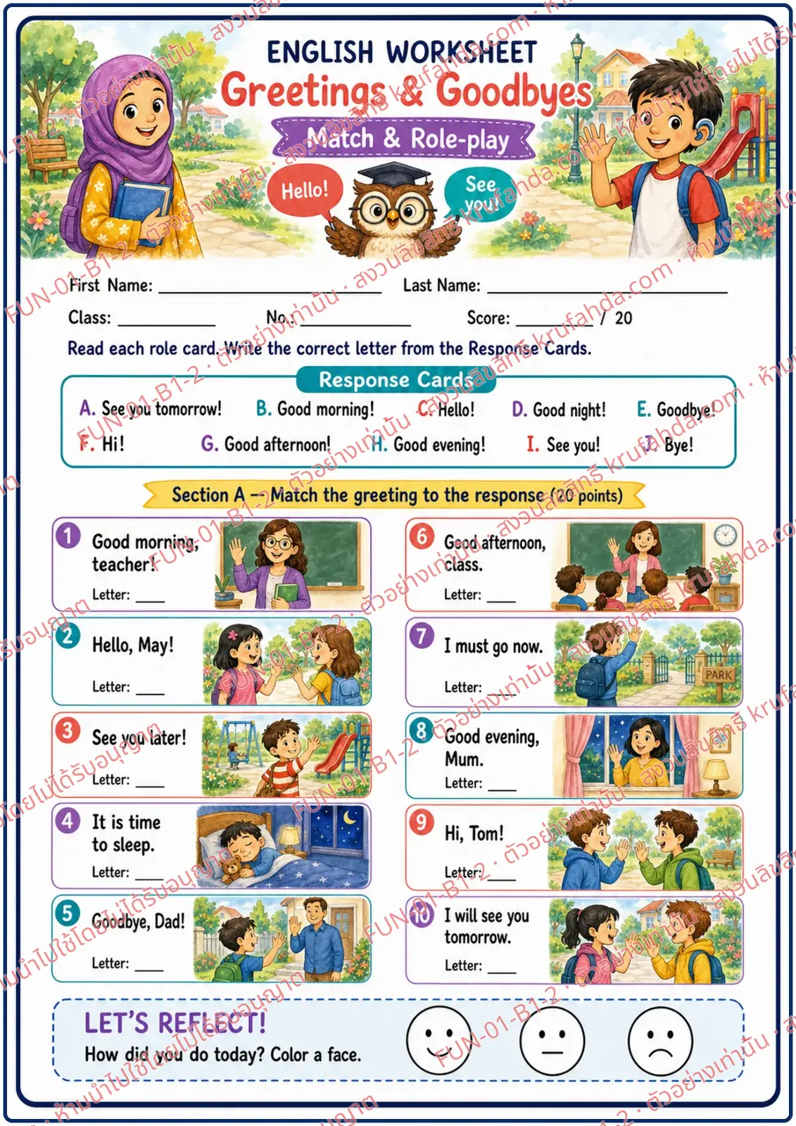 ใบงานภาษาอังกฤษ Greetings & Goodbyes ป.1-3 คำสั่งภาษาอังกฤษ - อ่านการ์ดบทบาทแล้วจับคู่คำทักทายกับคำตอบด้วยตัวอักษร A-J