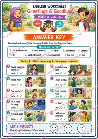 เฉลยใบงานภาษาอังกฤษ Greetings & Goodbyes ป.1-3 คำสั่งภาษาอังกฤษ - อ่านการ์ดบทบาทแล้วจับคู่คำทักทายกับคำตอบด้วยตัวอักษร A-J พร้อมเฉลย