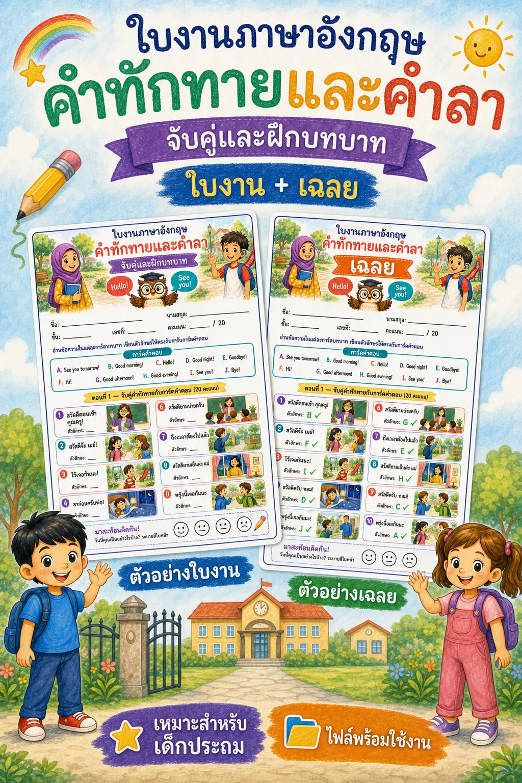 รูปหน้าปกของ ใบงานคำทักทายและคำลา อ่านการ์ดบทบาทแล้วจับคู่คำทักทายกับคำตอบด้วยตัวอักษร A-J ระดับ ป.1–ป.3