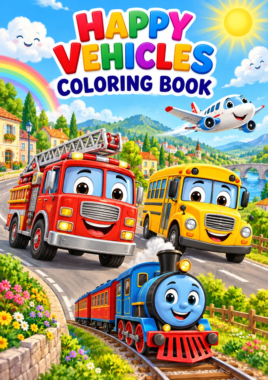 Cover artwork for Happy Vehicles - Colouring Book (30 pages), Grades 1-3