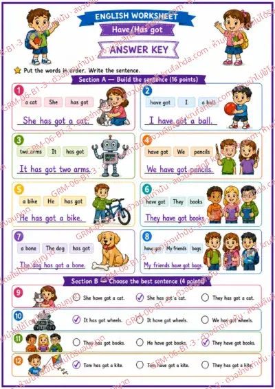 เฉลยใบงานภาษาอังกฤษ Have / Has got ป.1-3 คำสั่งภาษาอังกฤษ - เรียงคำให้เป็นประโยคที่ถูกต้องแล้วเขียนประโยค พร้อมเฉลย