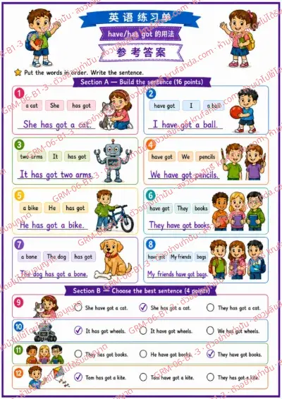 เฉลยใบงานภาษาอังกฤษ Have / Has got ป.1-3 คำสั่งภาษาจีน - เรียงคำให้เป็นประโยคที่ถูกต้องแล้วเขียนประโยค พร้อมเฉลย