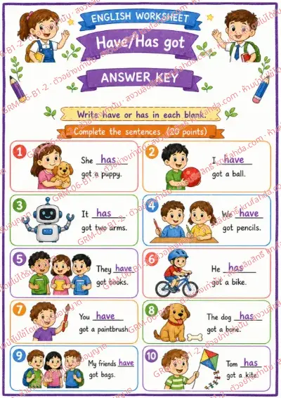 เฉลยใบงานภาษาอังกฤษ Have / Has got ป.1-3 คำสั่งภาษาอังกฤษ - เติม have หรือ has ลงในช่องว่าง พร้อมเฉลย