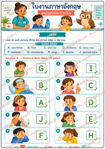 เฉลยใบงานภาษาอังกฤษ Health & Illness ป.4-6 คำสั่งภาษาไทย - ดูภาพอาการเจ็บป่วยแล้วเติมตัวอักษรคำศัพท์จากคลังคำ พร้อมเฉลย