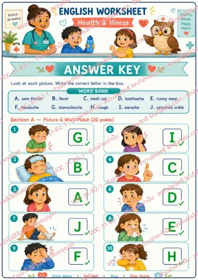 เฉลยใบงานภาษาอังกฤษ Health & Illness ป.4-6 คำสั่งภาษาอังกฤษ - ดูภาพอาการเจ็บป่วยแล้วเติมตัวอักษรคำศัพท์จากคลังคำ พร้อมเฉลย