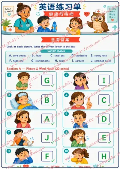 เฉลยใบงานภาษาอังกฤษ Health & Illness ป.4-6 คำสั่งภาษาจีน - ดูภาพอาการเจ็บป่วยแล้วเติมตัวอักษรคำศัพท์จากคลังคำ พร้อมเฉลย