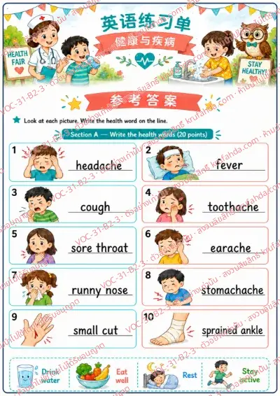 เฉลยใบงานภาษาอังกฤษ Health & Illness ป.4-6 คำสั่งภาษาจีน - ดูภาพอาการเจ็บป่วยแล้วเขียนคำศัพท์ภาษาอังกฤษ พร้อมเฉลย