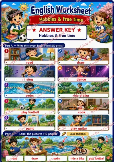 เฉลยใบงานภาษาอังกฤษ Hobbies & free time ป.4-6 คำสั่งภาษาอังกฤษ - เขียนคำศัพท์งานอดิเรกและเขียนชื่อกิจกรรมที่ลูกศรชี้ พร้อมเฉลย
