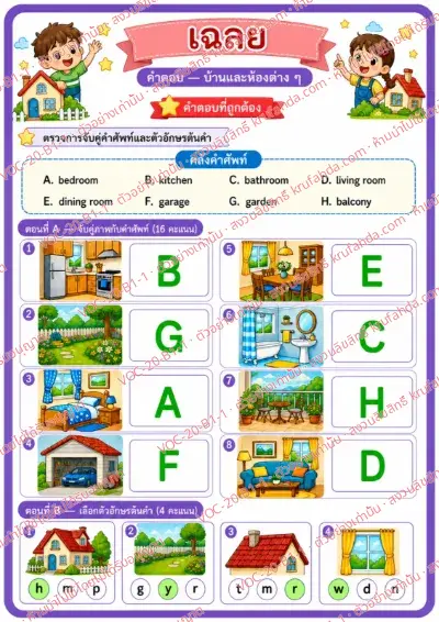 เฉลยใบงานภาษาอังกฤษ House & rooms ป.1-3 คำสั่งภาษาไทย - จับคู่ภาพห้องต่าง ๆ ในบ้านกับคำศัพท์และเลือกอักษรต้นคำ พร้อมเฉลย