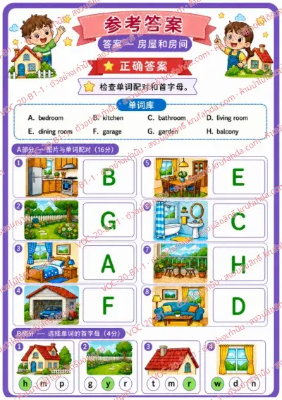 เฉลยใบงานภาษาอังกฤษ House & rooms ป.1-3 คำสั่งภาษาจีน - จับคู่ภาพห้องต่าง ๆ ในบ้านกับคำศัพท์และเลือกอักษรต้นคำ พร้อมเฉลย