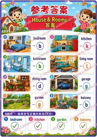เฉลยใบงานภาษาอังกฤษ House & rooms ป.1-3 คำสั่งภาษาจีน - เติมตัวอักษรตัวแรกและเลือกคำที่สะกดถูก พร้อมเฉลย