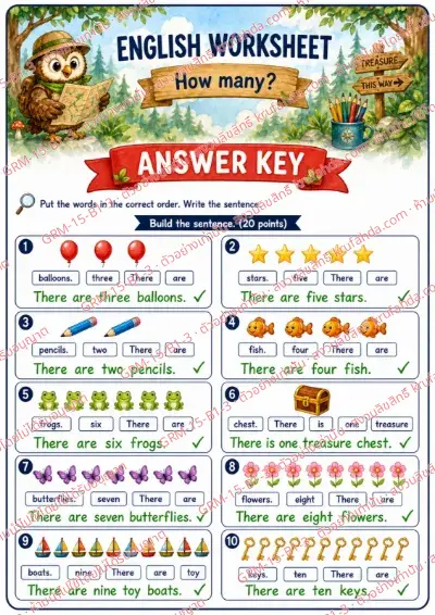เฉลยใบงานภาษาอังกฤษ How many ป.1-3 คำสั่งภาษาอังกฤษ - เรียงคำให้เป็นประโยคที่ถูกต้องแล้วเขียนประโยค พร้อมเฉลย