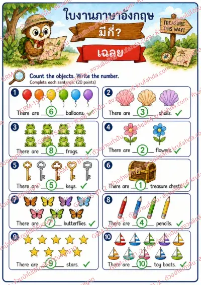 เฉลยใบงานภาษาอังกฤษ How many ป.1-3 คำสั่งภาษาไทย - นับจำนวนสิ่งของแล้วเขียนตัวเลขลงในช่องว่าง พร้อมเฉลย