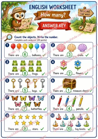 เฉลยใบงานภาษาอังกฤษ How many ป.1-3 คำสั่งภาษาอังกฤษ - นับจำนวนสิ่งของแล้วเขียนตัวเลขลงในช่องว่าง พร้อมเฉลย