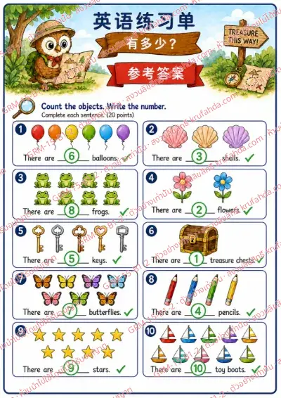เฉลยใบงานภาษาอังกฤษ How many ป.1-3 คำสั่งภาษาจีน - นับจำนวนสิ่งของแล้วเขียนตัวเลขลงในช่องว่าง พร้อมเฉลย