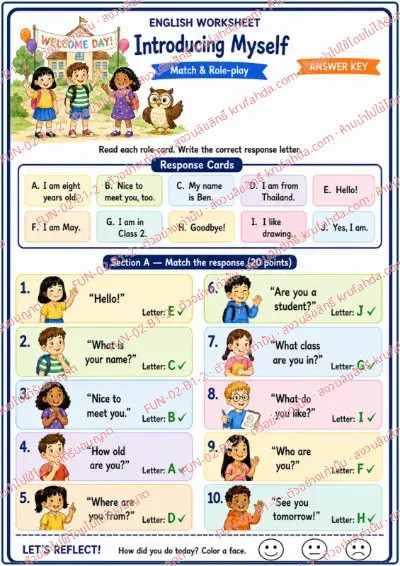 เฉลยใบงานภาษาอังกฤษ Introducing Myself ป.1-3 คำสั่งภาษาอังกฤษ - อ่านการ์ดคำถามแนะนำตัวแล้วจับคู่คำตอบด้วยตัวอักษร A-J พร้อมเฉลย
