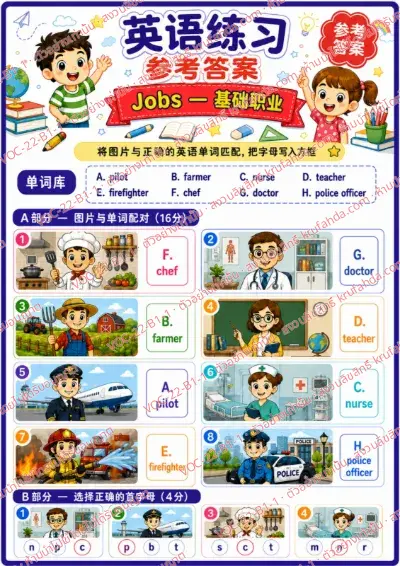 เฉลยใบงานภาษาอังกฤษ Jobs (basic) ป.1-3 คำสั่งภาษาจีน - จับคู่ภาพกับคำศัพท์และเขียนตัวอักษรลงในช่อง พร้อมเฉลย