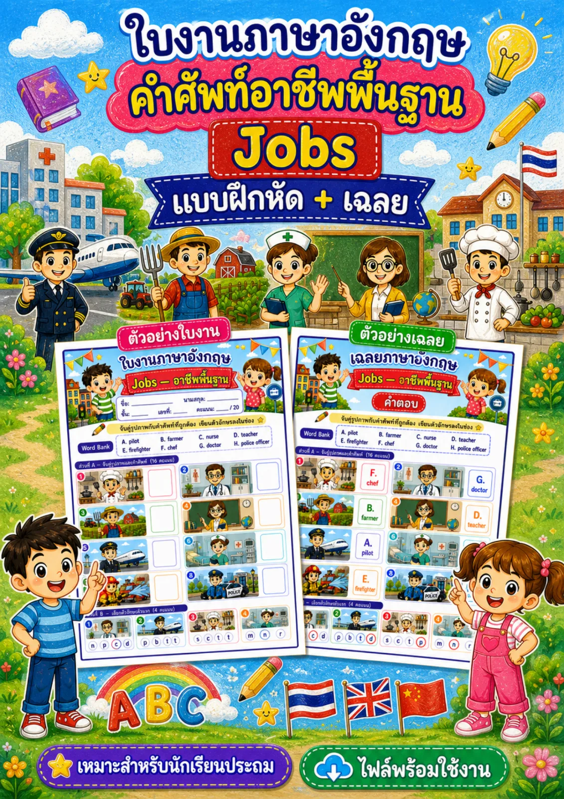 รูปหน้าปกของ ใบงานอาชีพพื้นฐาน จับคู่ภาพกับคำศัพท์และเขียนตัวอักษรลงในช่อง ระดับ ป.1–ป.3