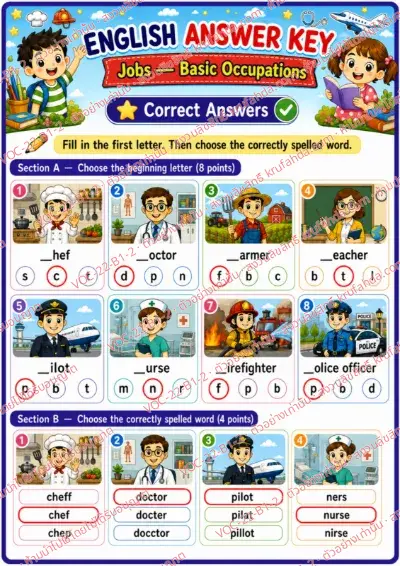 เฉลยใบงานภาษาอังกฤษ Jobs (basic) ป.1-3 คำสั่งภาษาอังกฤษ - เติมตัวอักษรตัวแรกและเลือกคำที่สะกดถูก พร้อมเฉลย