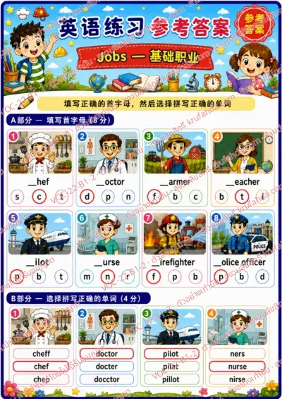 เฉลยใบงานภาษาอังกฤษ Jobs (basic) ป.1-3 คำสั่งภาษาจีน - เติมตัวอักษรตัวแรกและเลือกคำที่สะกดถูก พร้อมเฉลย