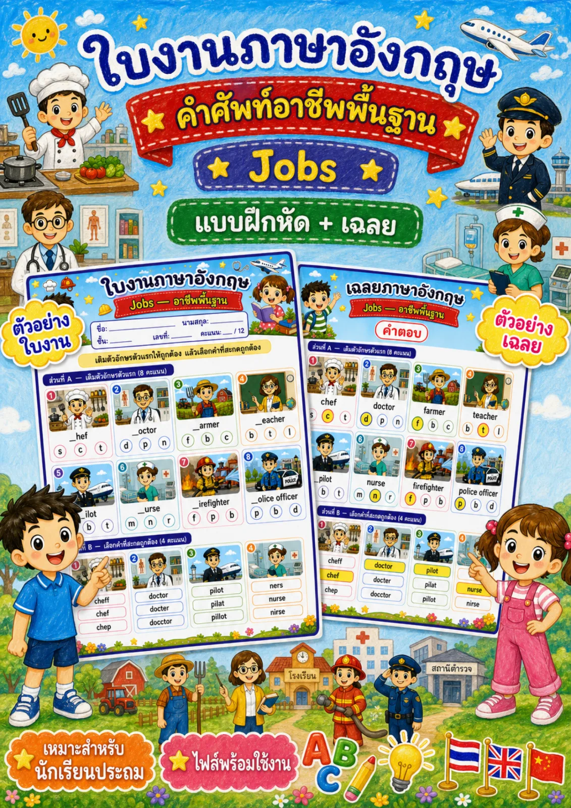 รูปหน้าปกของ ใบงานอาชีพพื้นฐาน เติมตัวอักษรตัวแรกและเลือกคำที่สะกดถูก ระดับ ป.1–ป.3