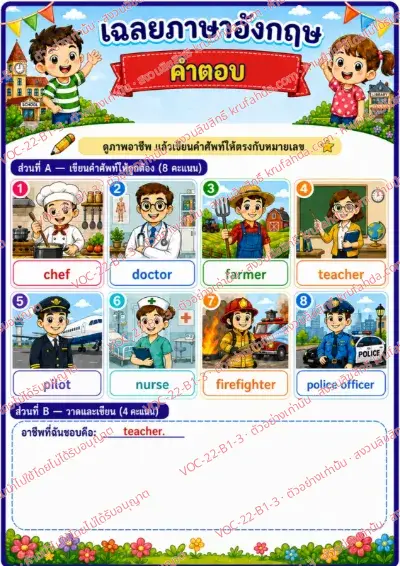 เฉลยใบงานภาษาอังกฤษ Jobs (basic) ป.1-3 คำสั่งภาษาไทย - ดูภาพอาชีพแล้วเขียนคำศัพท์ให้ตรงกับหมายเลข พร้อมเฉลย