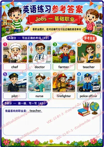 เฉลยใบงานภาษาอังกฤษ Jobs (basic) ป.1-3 คำสั่งภาษาจีน - ดูภาพอาชีพแล้วเขียนคำศัพท์ให้ตรงกับหมายเลข พร้อมเฉลย