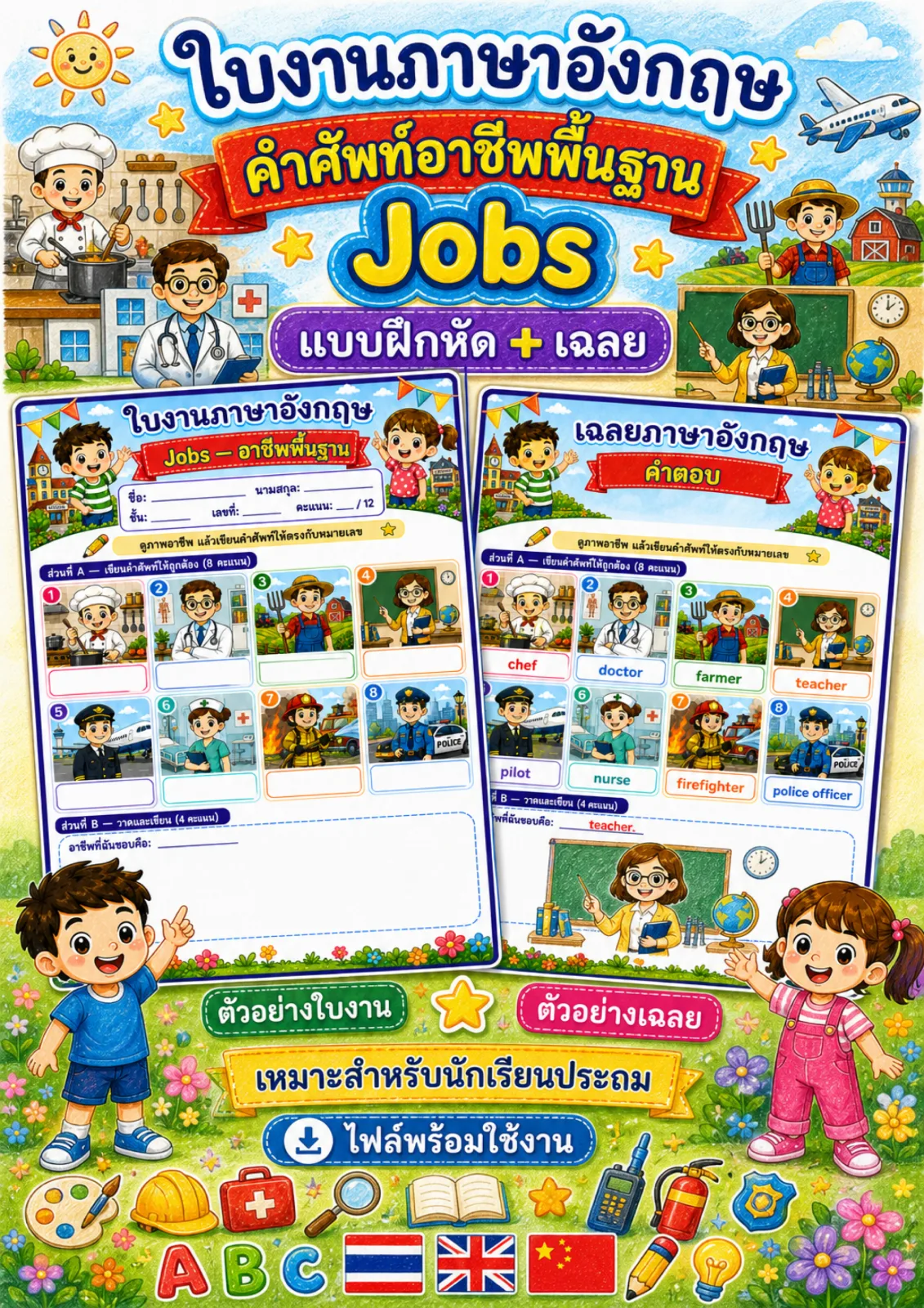 รูปหน้าปกของ ใบงานอาชีพพื้นฐาน ดูภาพอาชีพแล้วเขียนคำศัพท์ให้ตรงกับหมายเลข ระดับ ป.1–ป.3