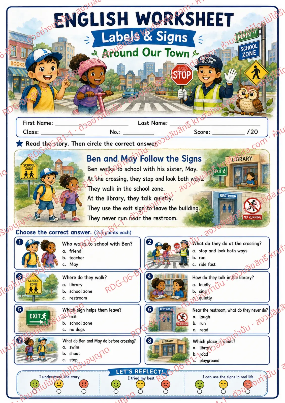 ใบงานภาษาอังกฤษ Labels & Signs ป.1-3 คำสั่งภาษาอังกฤษ - อ่านเรื่องแล้ววงกลมคำตอบที่ถูกต้อง