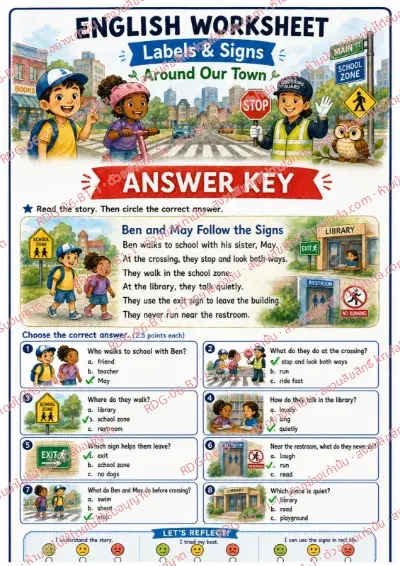 เฉลยใบงานภาษาอังกฤษ Labels & Signs ป.1-3 คำสั่งภาษาอังกฤษ - อ่านเรื่องแล้ววงกลมคำตอบที่ถูกต้อง พร้อมเฉลย