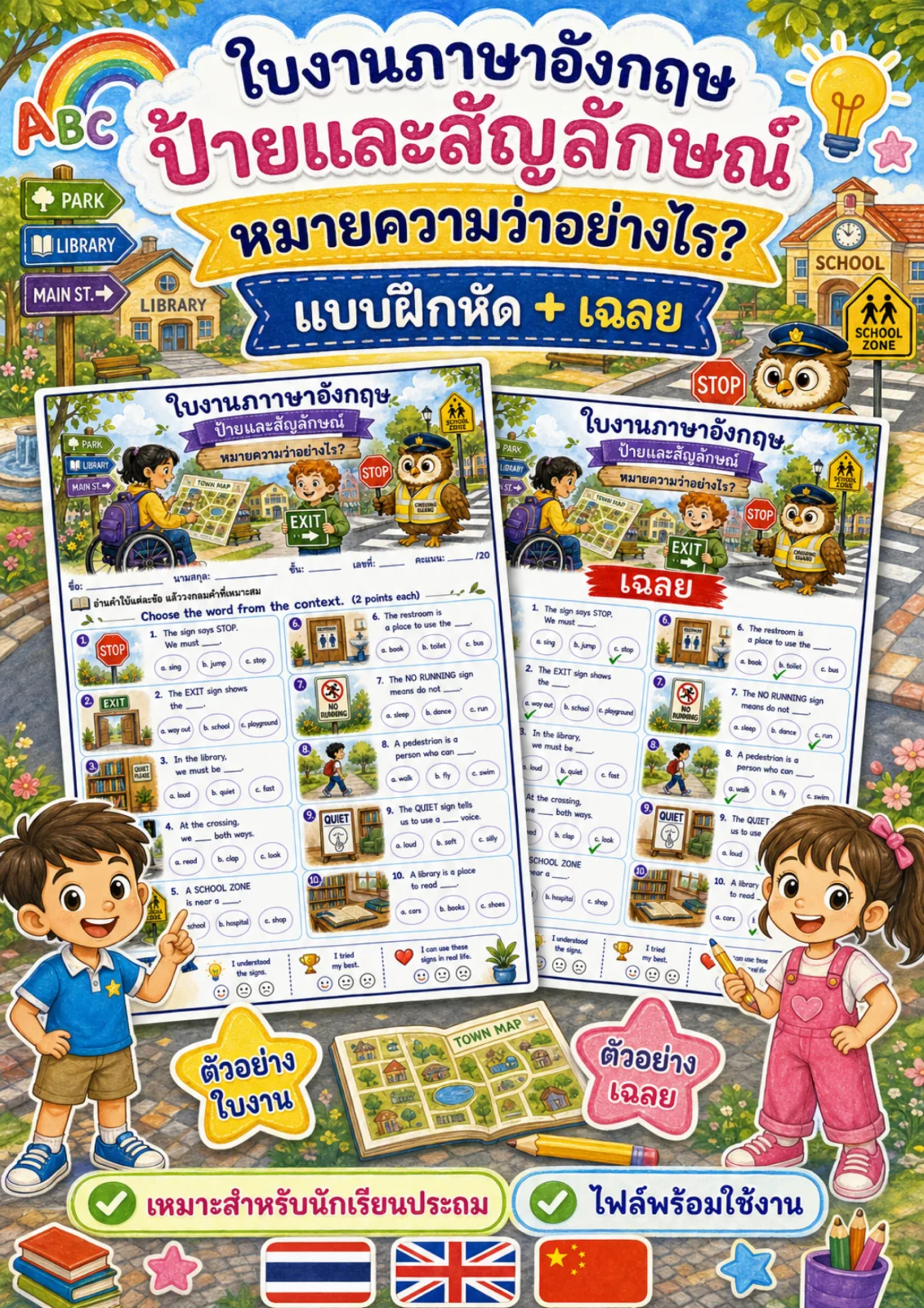 รูปหน้าปกของ ใบงานการอ่านป้ายและสัญลักษณ์ อ่านคำใบ้แต่ละข้อแล้ววงกลมคำที่เหมาะสม ระดับ ป.1–ป.3