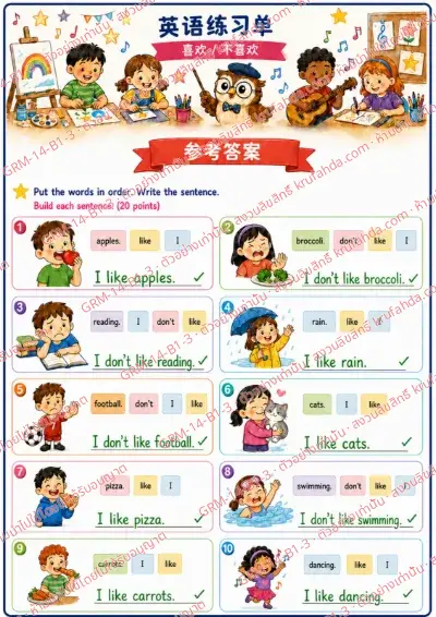 เฉลยใบงานภาษาอังกฤษ Like / Don't like ป.1-3 คำสั่งภาษาจีน - เรียงคำให้เป็นประโยคที่ถูกต้องแล้วเขียนประโยค พร้อมเฉลย