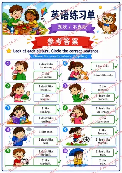 เฉลยใบงานภาษาอังกฤษ Like / Don't like ป.1-3 คำสั่งภาษาจีน - ดูภาพแล้ววงกลมประโยคที่ถูกต้อง พร้อมเฉลย