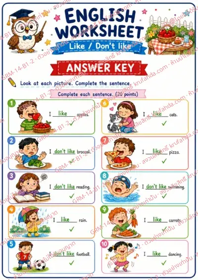เฉลยใบงานภาษาอังกฤษ Like / Don't like ป.1-3 คำสั่งภาษาอังกฤษ - ดูภาพแล้วเติมคำให้ประโยคสมบูรณ์ พร้อมเฉลย