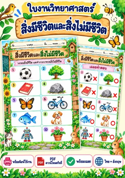 ใบงานสิ่งมีชีวิตและสิ่งไม่มีชีวิต วงกลมและกากบาท