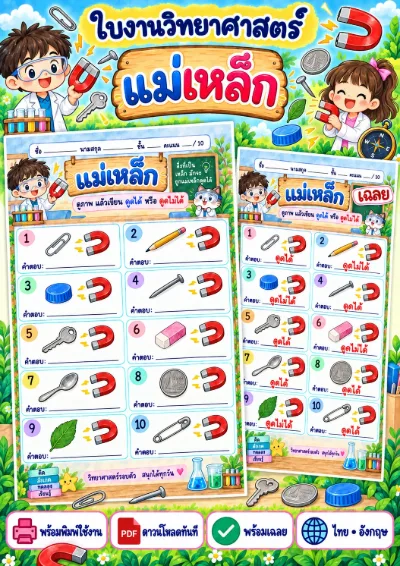 ใบงานแม่เหล็ก เขียน ดูดได้ หรือ ดูดไม่ได้