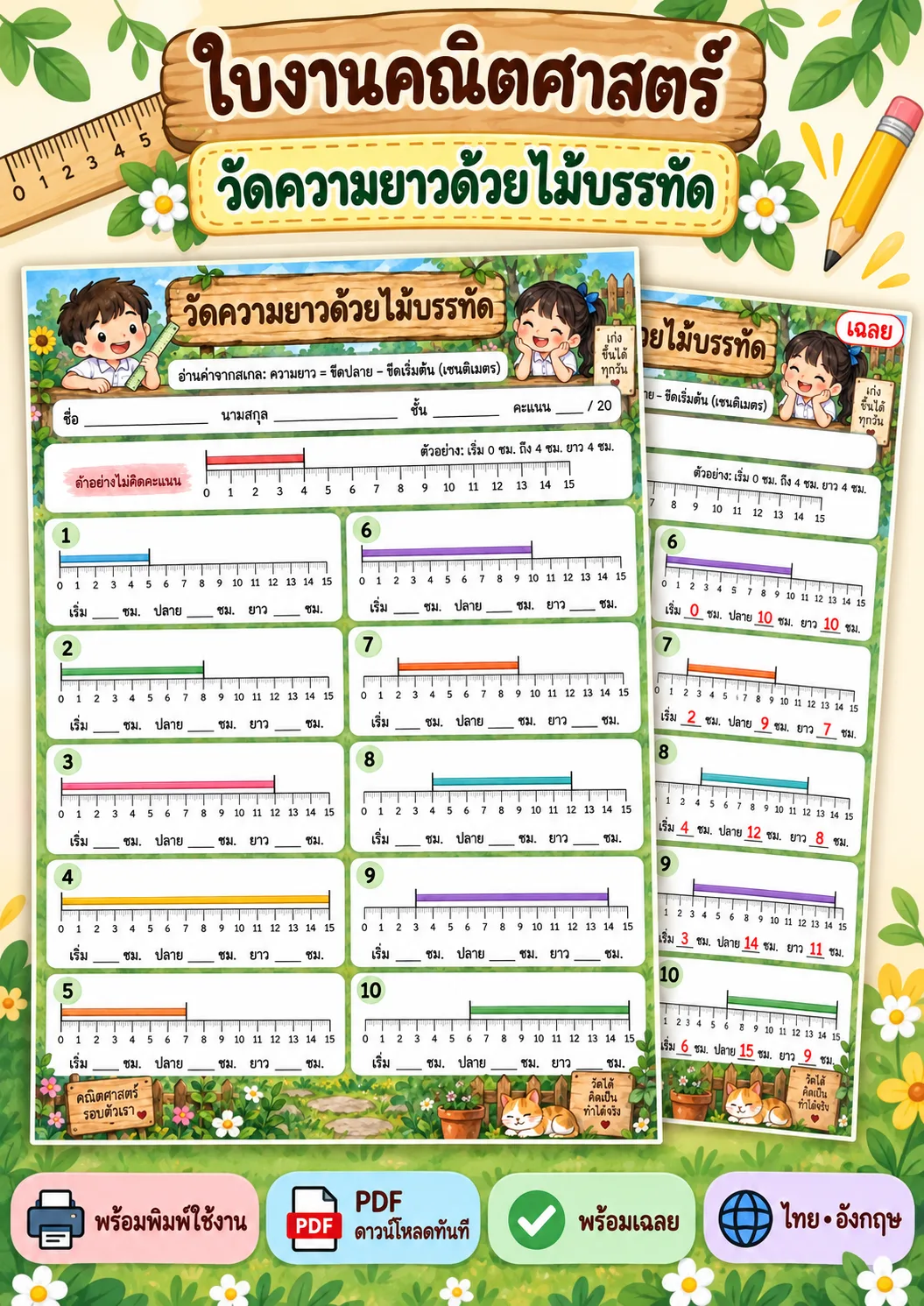 รูปหน้าปกของ ใบงานการวัดความยาว อ่านค่าจากไม้บรรทัด ระดับ ป.1-ป.3