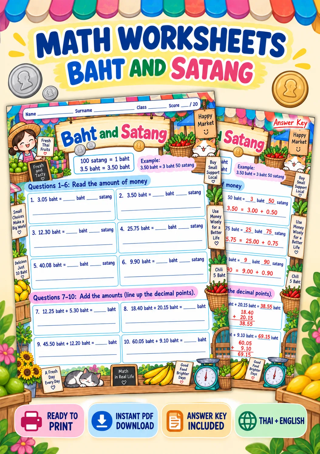 Cover artwork for Money Decimals: Baht and Satang - Read and Add Money, Grades 1-3