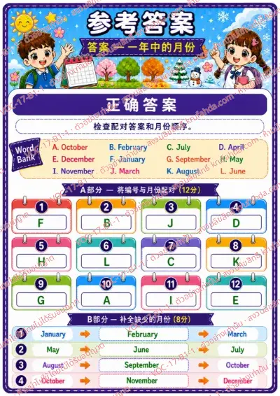 เฉลยใบงานภาษาอังกฤษ Months ป.1-3 คำสั่งภาษาจีน - จับคู่ภาพกับชื่อเดือนในหนึ่งปี พร้อมเฉลย