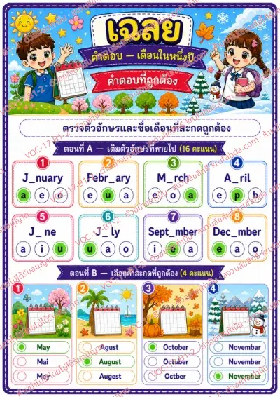 เฉลยใบงานภาษาอังกฤษ Months ป.1-3 คำสั่งภาษาไทย - เติมตัวอักษรที่หายไปในชื่อเดือนและเลือกคำสะกดที่ถูกต้อง พร้อมเฉลย