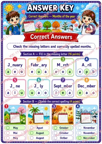 เฉลยใบงานภาษาอังกฤษ Months ป.1-3 คำสั่งภาษาอังกฤษ - เติมตัวอักษรที่หายไปในชื่อเดือนและเลือกคำสะกดที่ถูกต้อง พร้อมเฉลย
