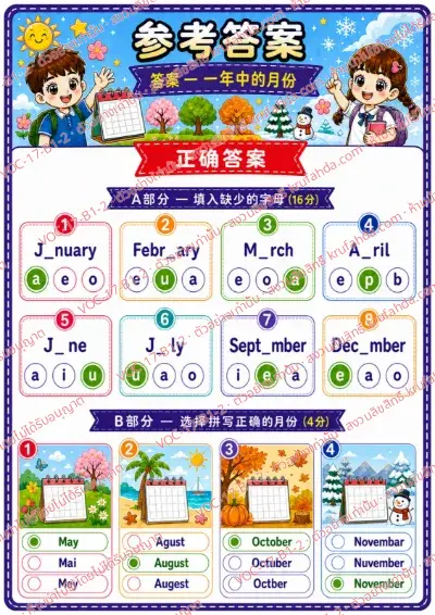 เฉลยใบงานภาษาอังกฤษ Months ป.1-3 คำสั่งภาษาจีน - เติมตัวอักษรที่หายไปในชื่อเดือนและเลือกคำสะกดที่ถูกต้อง พร้อมเฉลย