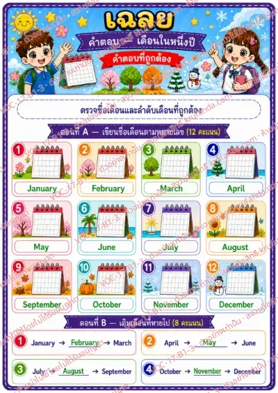 เฉลยใบงานภาษาอังกฤษ Months ป.1-3 คำสั่งภาษาไทย - เขียนชื่อเดือนตามลำดับและเติมเดือนที่หายไป พร้อมเฉลย