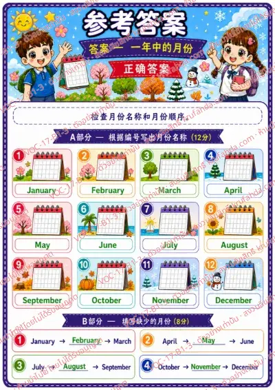 เฉลยใบงานภาษาอังกฤษ Months ป.1-3 คำสั่งภาษาจีน - เขียนชื่อเดือนตามลำดับและเติมเดือนที่หายไป พร้อมเฉลย