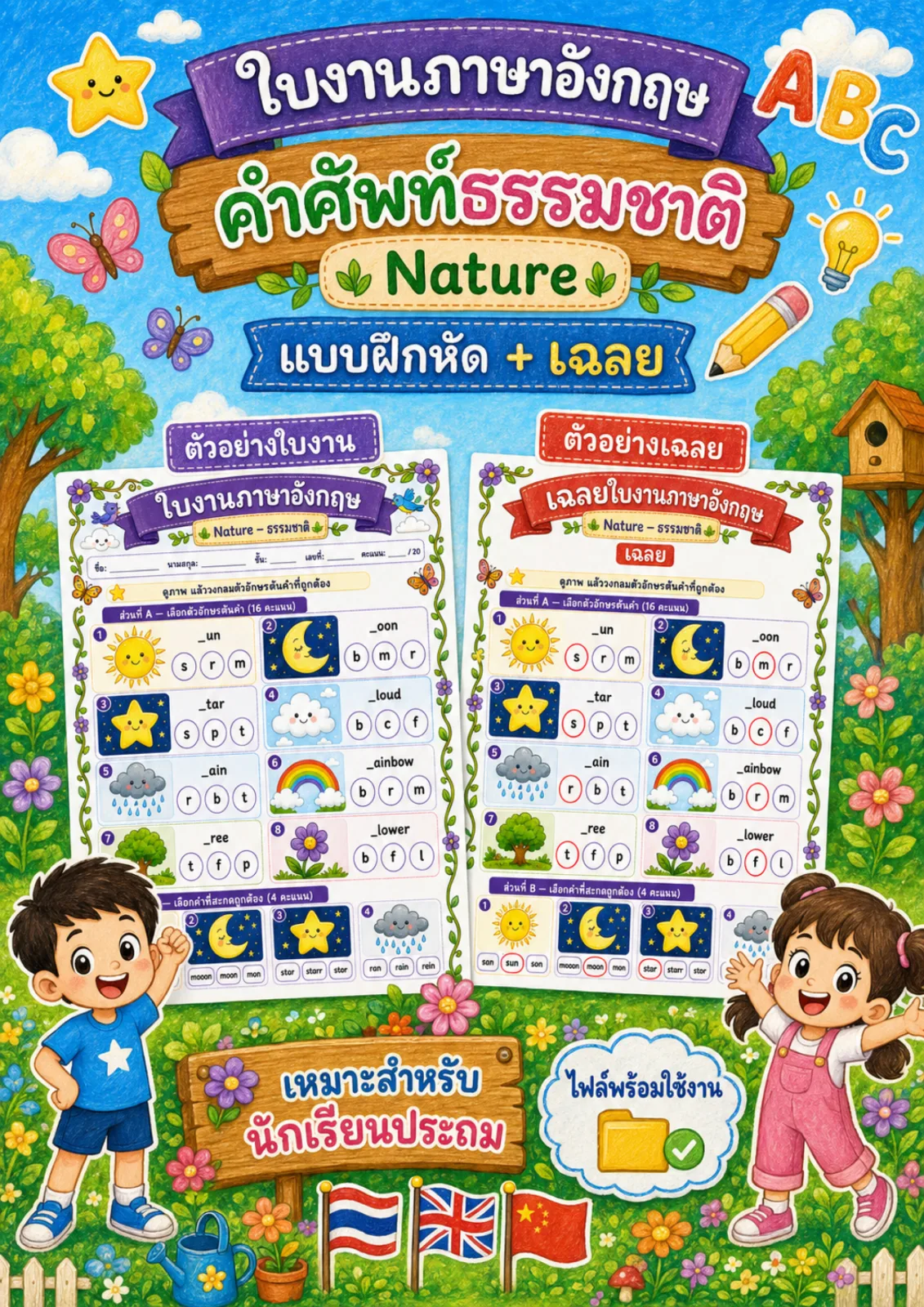รูปหน้าปกของ ใบงานธรรมชาติ ดูภาพแล้ววงกลมตัวอักษรต้นคำที่ถูกต้อง ระดับ ป.1–ป.3