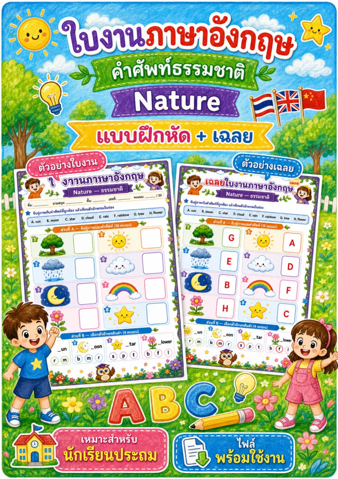 รูปหน้าปกของ ใบงานธรรมชาติ จับคู่ภาพกับคำศัพท์และเขียนตัวอักษรลงในช่อง ระดับ ป.1–ป.3